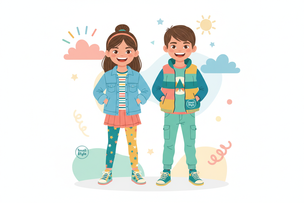 "Brand illustration for a kids clothing brand called 'Small Style'. Show a happy little girl and a happy little boy, around 6–8 years old, standing side by side and proudly showing off their outfits with confident, smiling expressions. Their clothes are modern, colorful and stylish, with a small, subtle 'Small Style' logo visible on their shirts or jackets. Bright, clean background with soft pastel colors, playful but minimal design, high-quality flat illustration suitable for a website hero banner."

