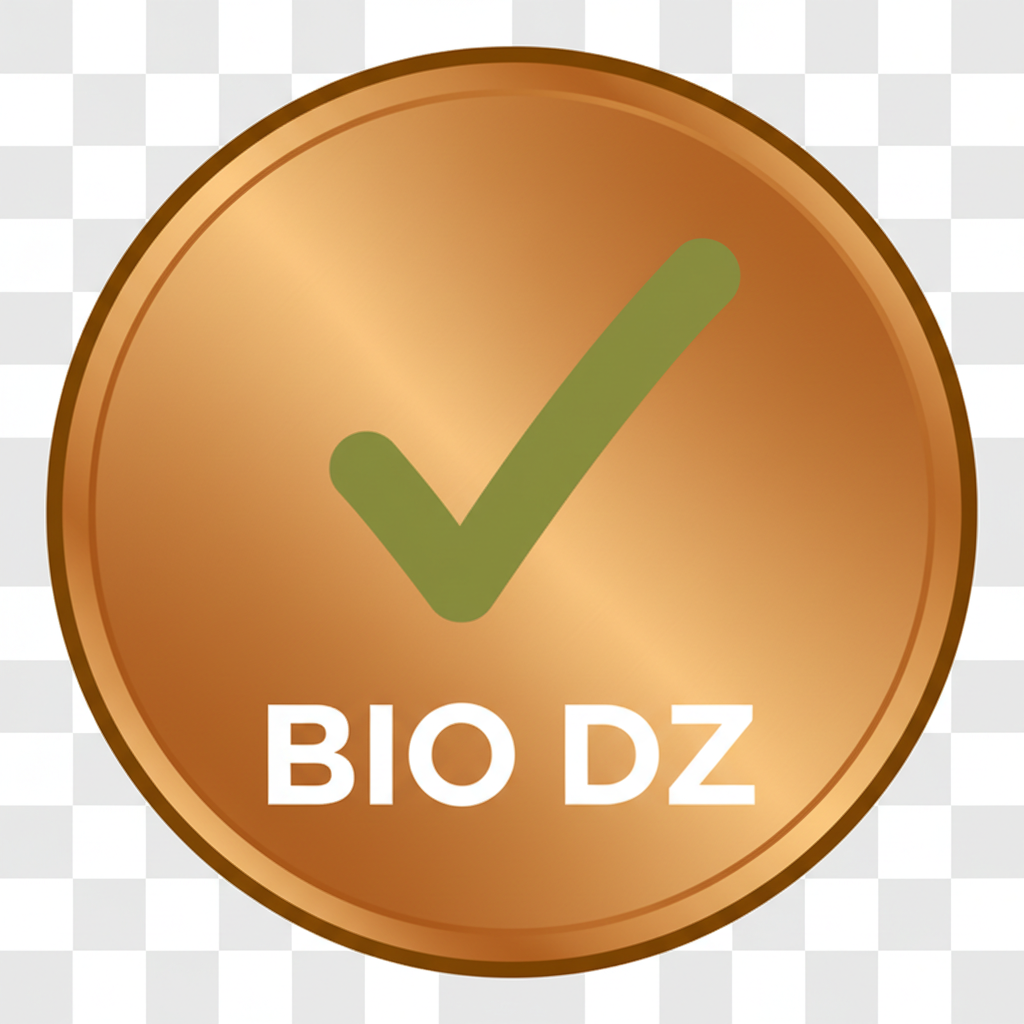 Créer icône ronde garantie : fond or cuivré (#B8860B), coche ✓ vert olive (#6B8E23), texte "BIO DZ" blanc bold. Flat design vectoriel, transparent PNG 512px, style badge premium épices bio.
