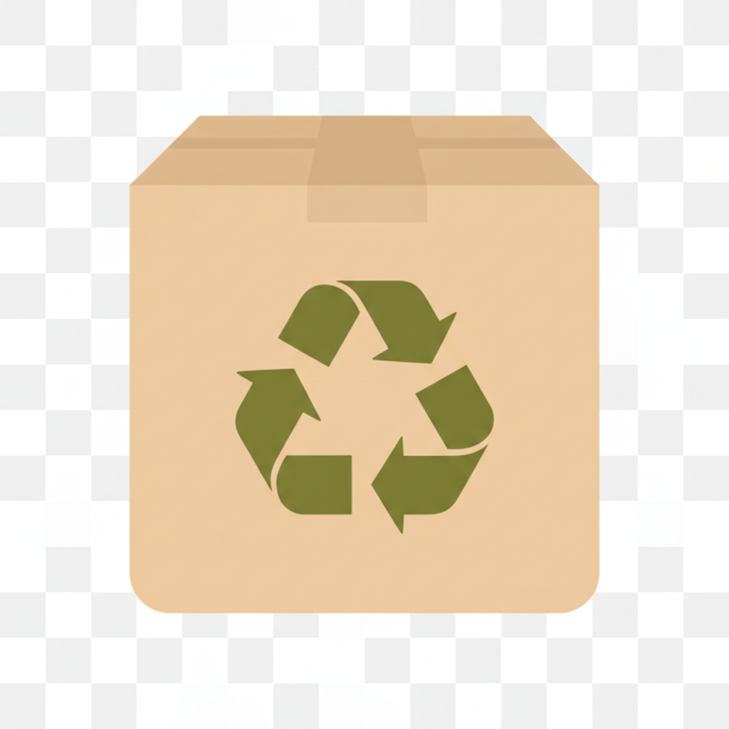 Icône boite carton recyclée beige sable (#F5F5DC) avec flèche ♻️ verte olive, style flat clean éco-friendly, fond transparent PNG, 512x512px, simple moderne pour site épices bio
