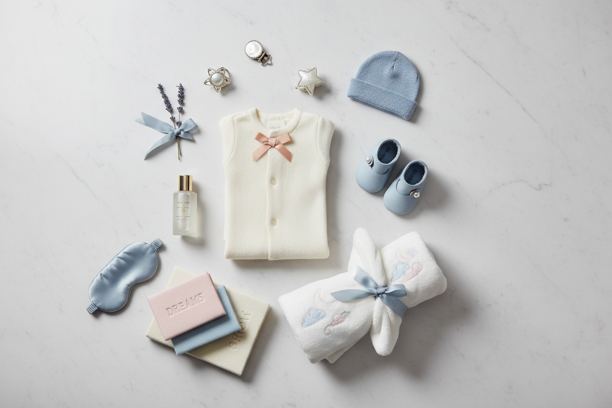 Luxury baby boutique hero banner featuring carefully arranged premium baby essentials on a soft gray (#F5F5F5) 
marble-textured surface. Items include: elegant baby garments in soft fabrics, luxury accessories, 
delicate items arranged with white space. Soft pink and blue color accents. Studio lighting, 
professional product photography style. Clean, sophisticated, minimalist aesthetic. Conveys quality 
and trust. High-end fashion editorial look. 4K resolution.